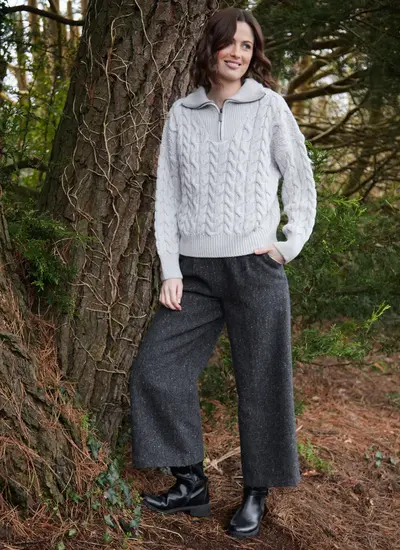 Jessica Cropped Aran Quarter Zip Troyer in Silver Marl 